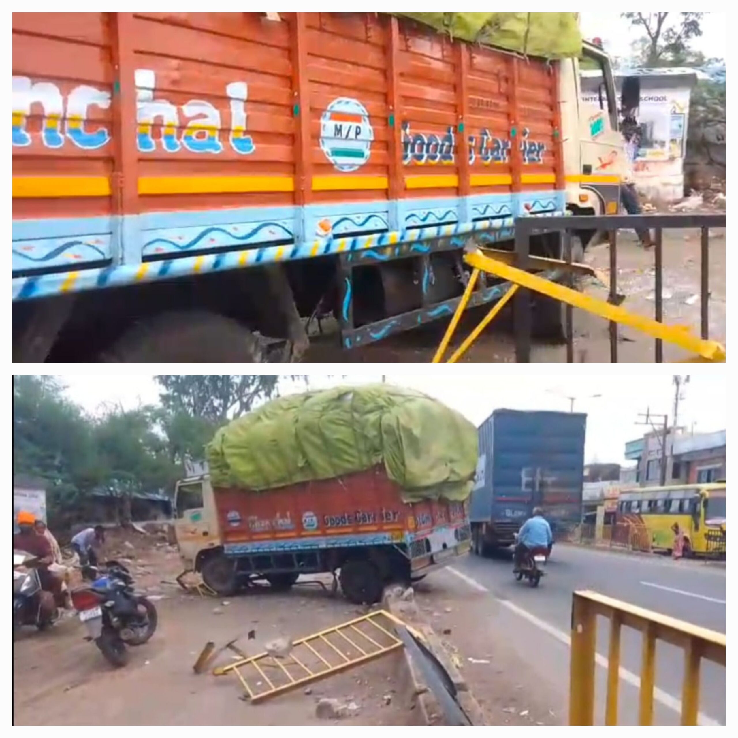 तेज रफ्तार ट्रक रैलिंग तोड़ सर्विस रोड पर घुसा, बड़ा हादसा टला ।प्रशासन को किसी बडी घटना का इंतजार।