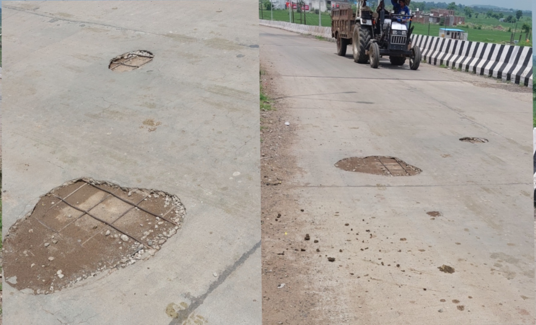 गुलगांव रेलवे ओवरब्रिज में गड्ढे, निकले सरियेगुणवत्ता पर उठे सवाल।