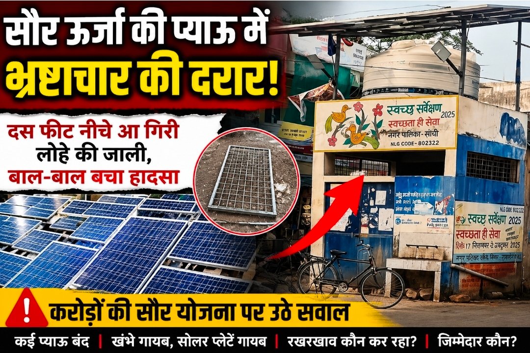 सांची की सौर योजना में बड़ी लापरवाही ? 10 फीट नीचे गिरी लोहे की जाली, करोड़ों की परियोजना पर उठे सवाल