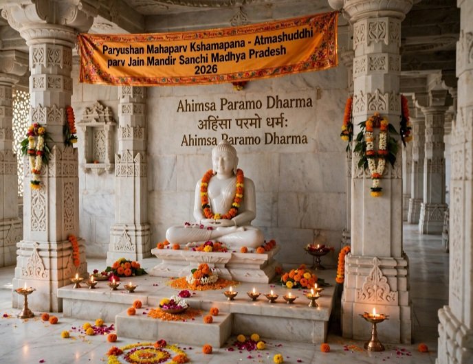 सांची में पर्यूषण महापर्व पर जैन मंदिर में हुई विशेष सजावट, भगवान महावीर की हुई महापूजा